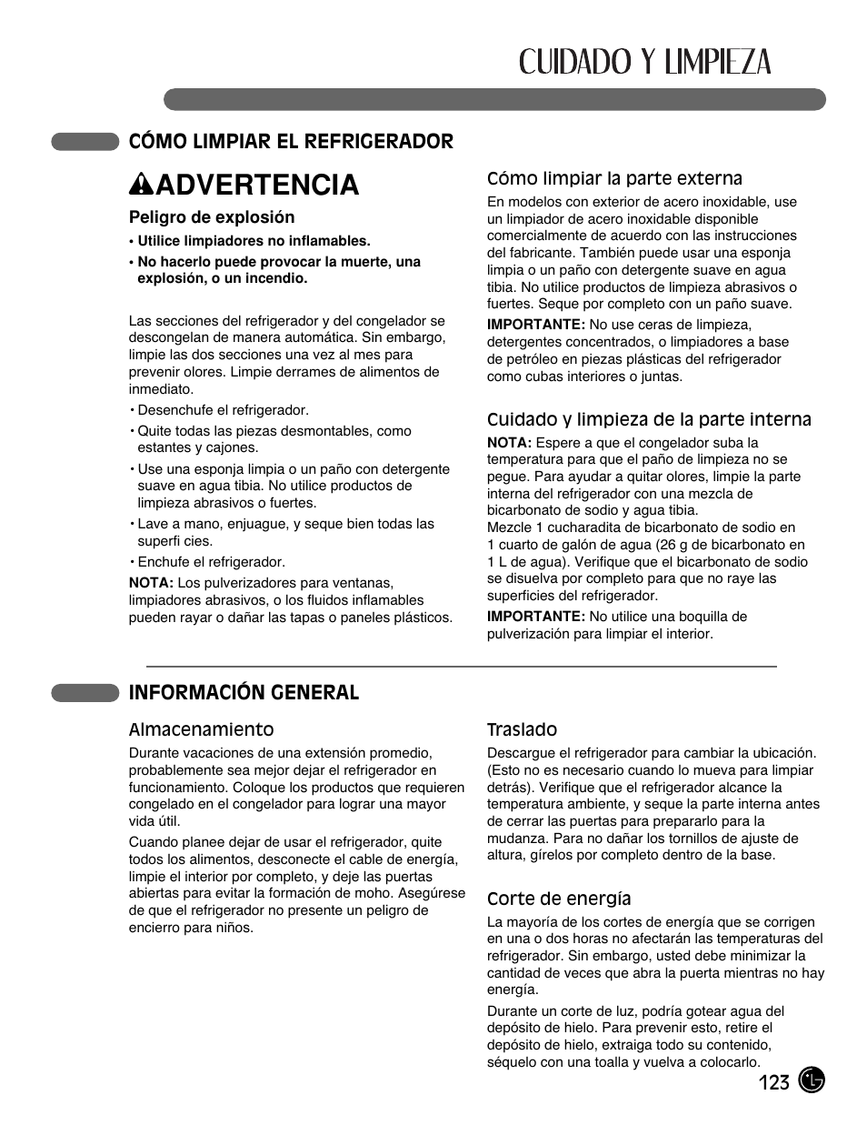 Wadvertencia, 123 cómo limpiar el refrigerador, Información general | LG LMX25981** User Manual | Page 123 / 132
