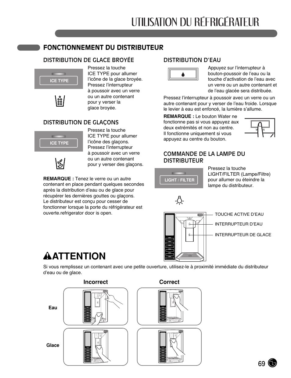 Wattention, 69 fonctionnement du distributeur | LG LMX25981** User Manual | Page 69 / 132