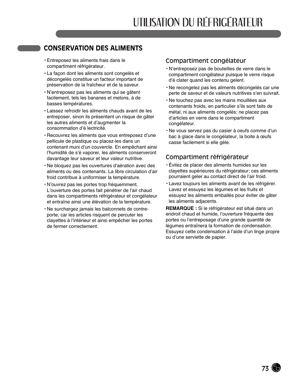 73 conservation des aliments | LG LMX25981** User Manual | Page 73 / 132
