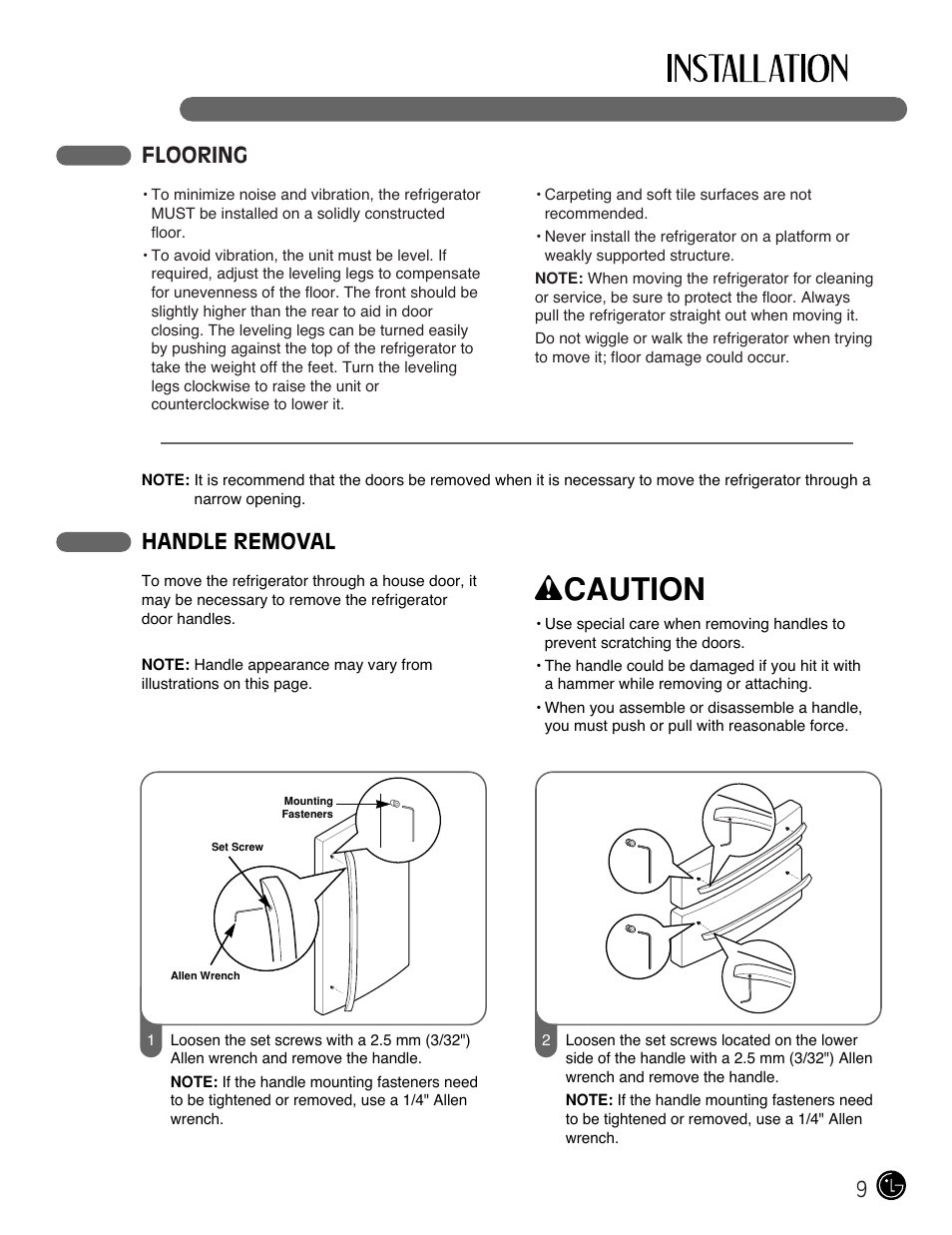 Wcaution, 9flooring, Handle removal | LG LMX25981** User Manual | Page 9 / 132