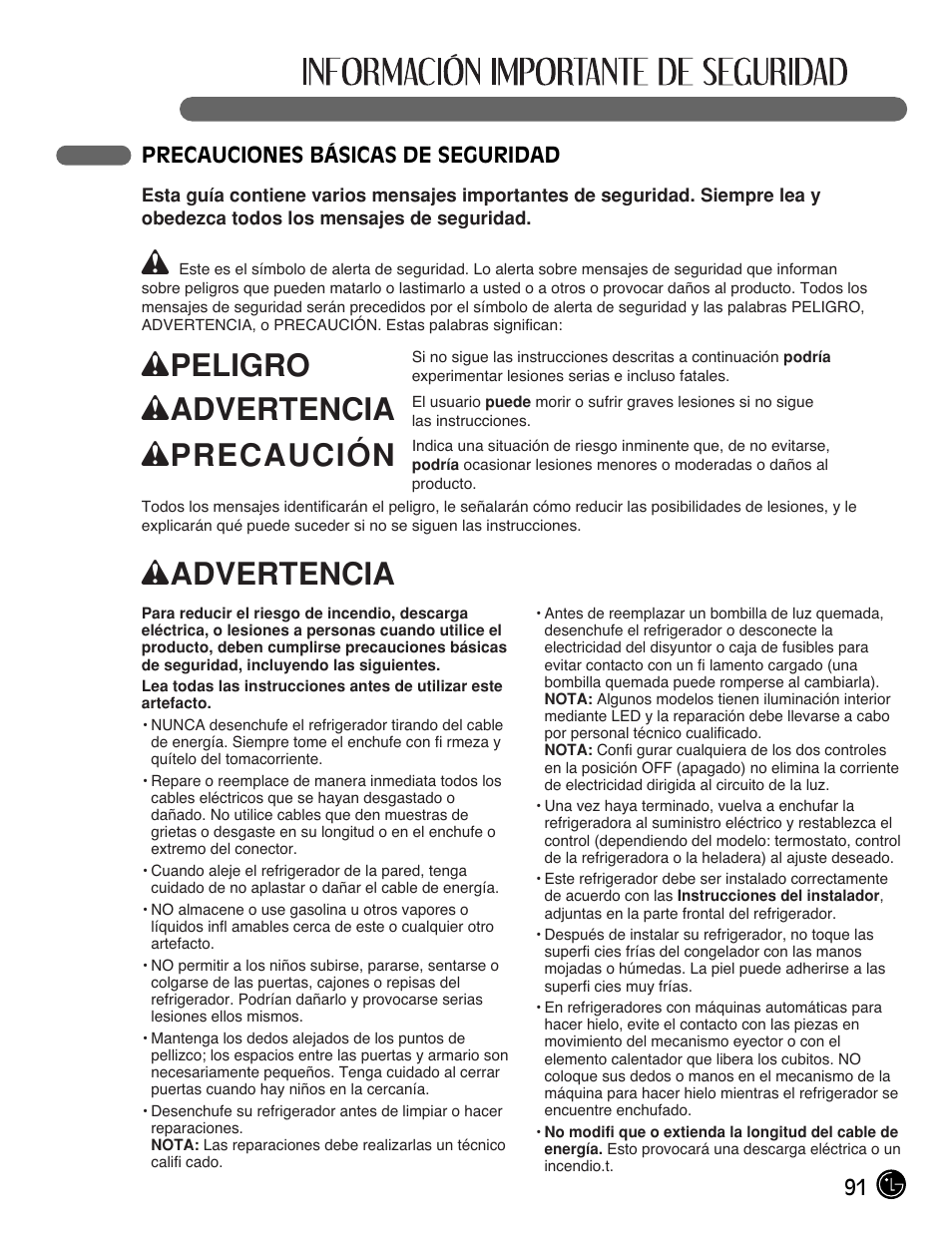 Wpeligro, Wadvertencia, Wprecaución | LG LMX25981** User Manual | Page 91 / 132