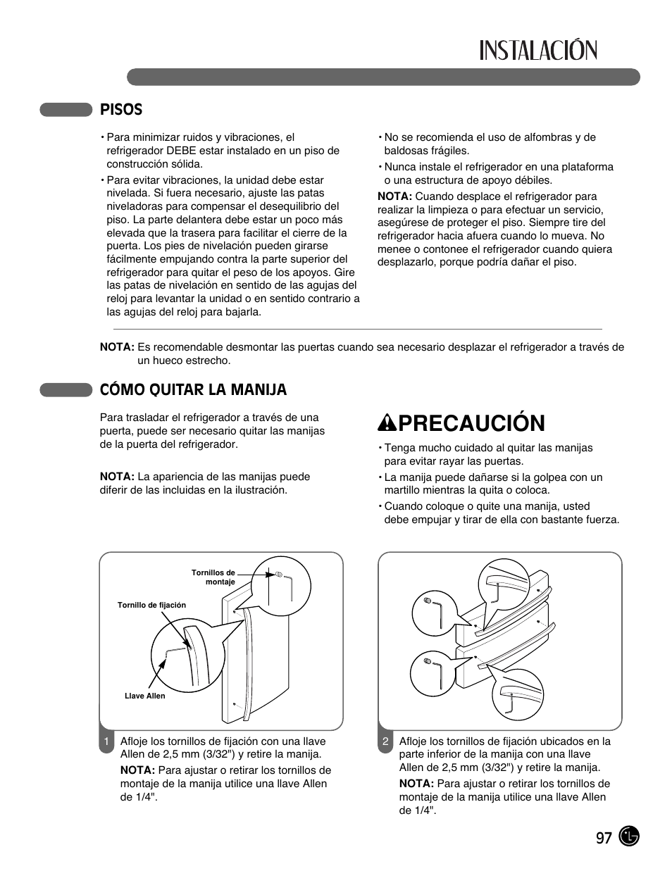 Wprecaución, 97 pisos, Cómo quitar la manija | LG LMX25981** User Manual | Page 97 / 132