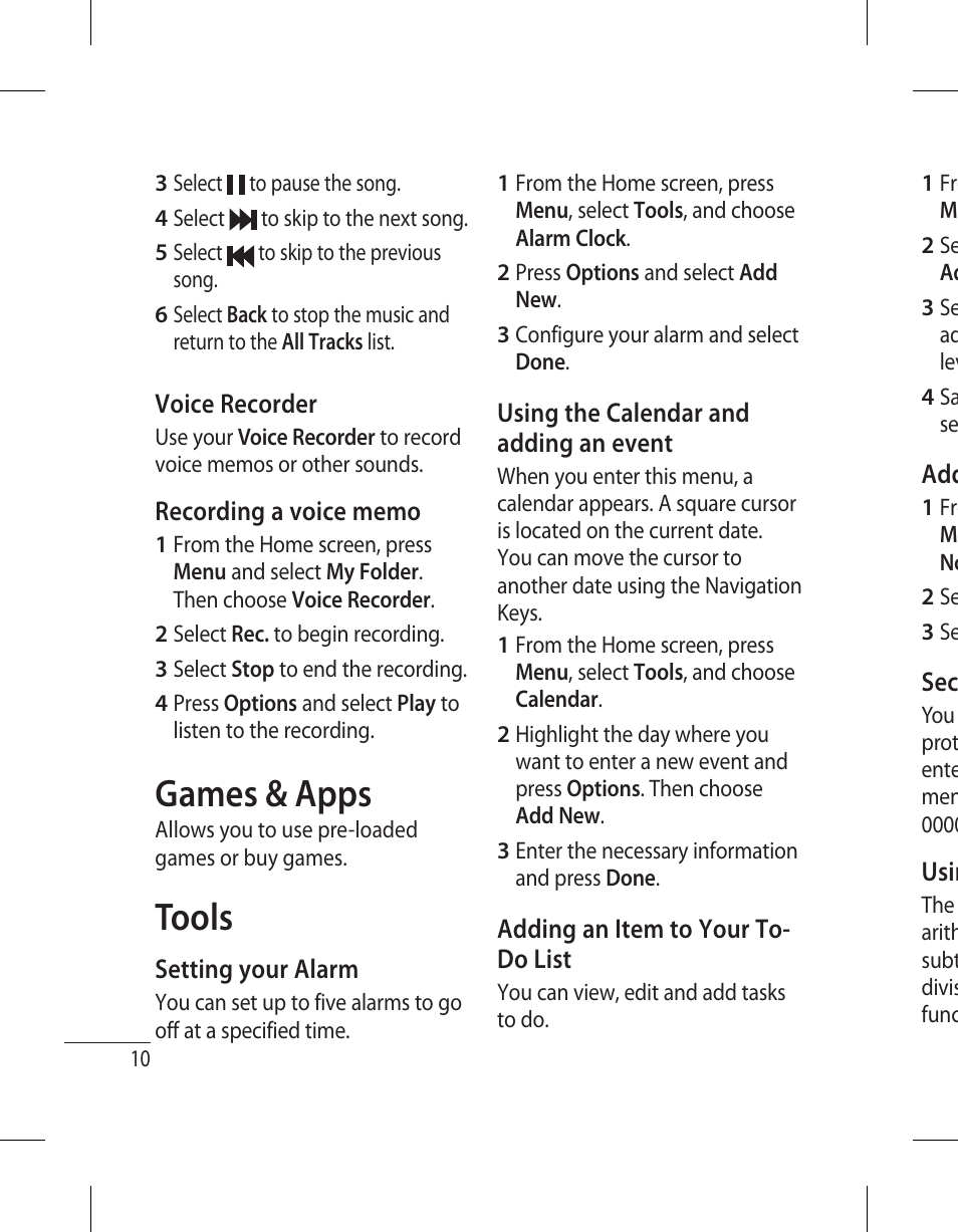 Games & apps, Tools | LG 500G User Manual | Page 12 / 98