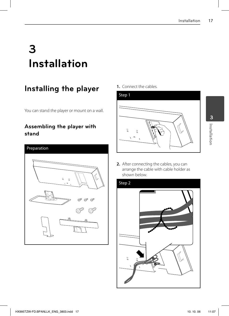 3 installation, Installing the player, Assembling the player with stand | LG HX995TZW User Manual | Page 17 / 98