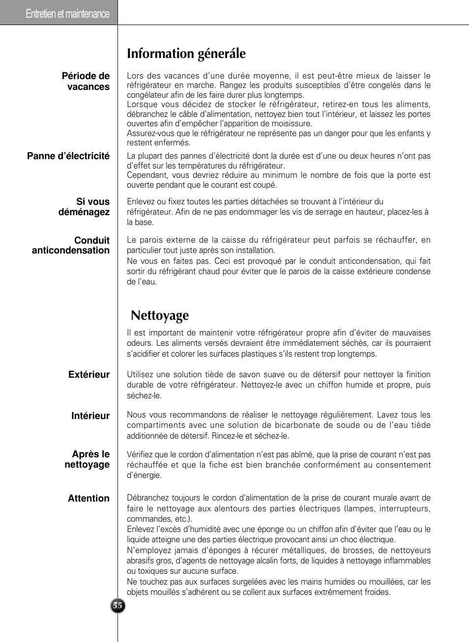 Information génerále nettoyage, Entretien et maintenance | LG LSC 27950SB User Manual | Page 55 / 92
