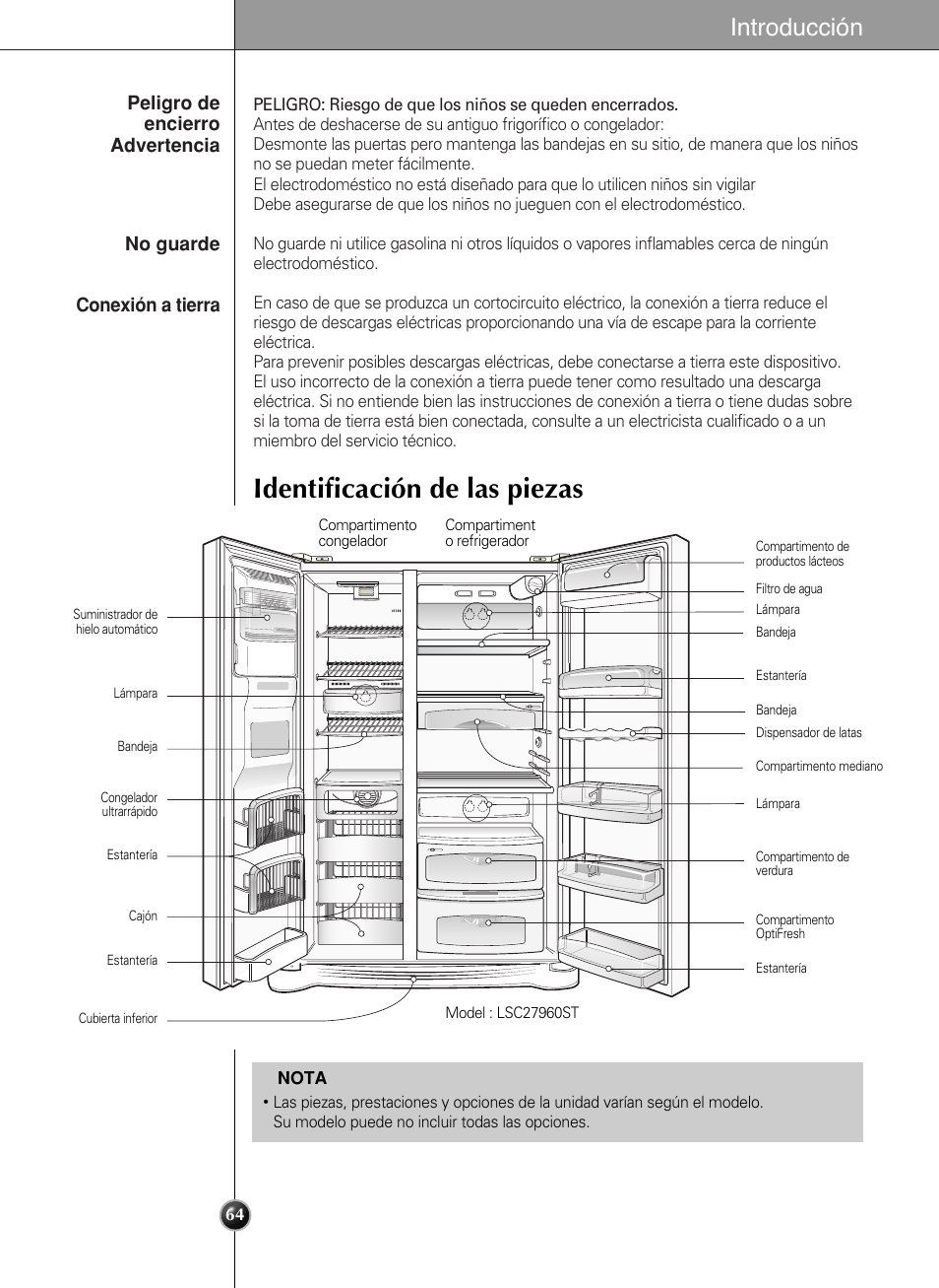 Identificación de las piezas, Introducción | LG LSC 27950SB User Manual | Page 64 / 92