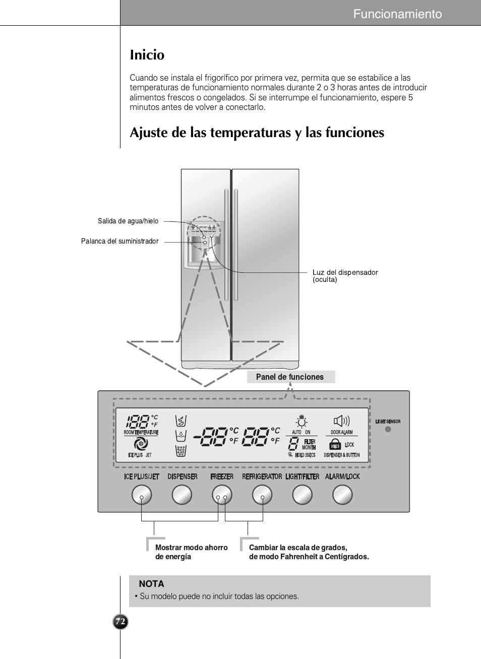 Inicio ajuste de las temperaturas y las funciones, Funcionamiento | LG LSC 27950SB User Manual | Page 72 / 92