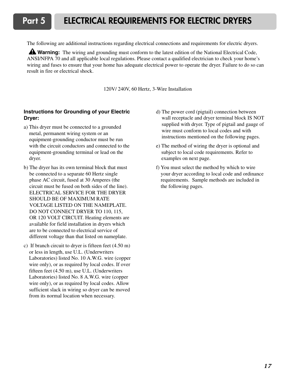 Part 5 electrical requirements for electric dryers | LG DLE2516W User Manual | Page 17 / 67