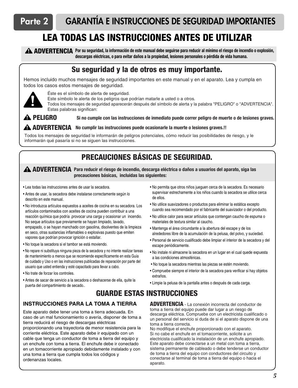 Lea todas las instrucciones antes de utilizar, Peligro, Advertencia | LG DLE2516W User Manual | Page 38 / 67