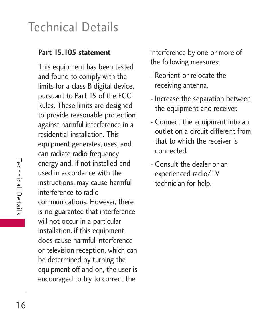 Part 15.105 statement, Technical details | LG Bliss MMBB0345401(1.0) User Manual | Page 18 / 143