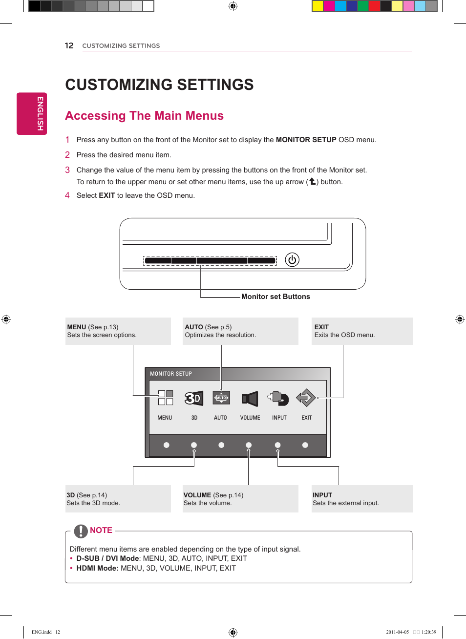 Customizing settings, Accessing the main menus, 12 accessing the main menus | See p.12) | LG CINEMA 3D MONITOR D2342P User Manual | Page 12 / 24