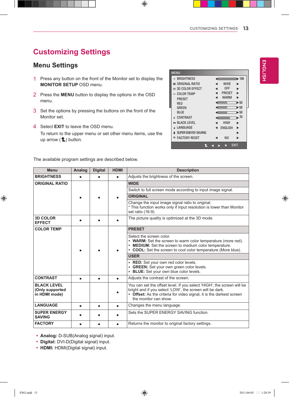 Customizing settings, Menu settings, 13 customizing settings 13 | Menus.(see p.13), See p.13) | LG CINEMA 3D MONITOR D2342P User Manual | Page 13 / 24