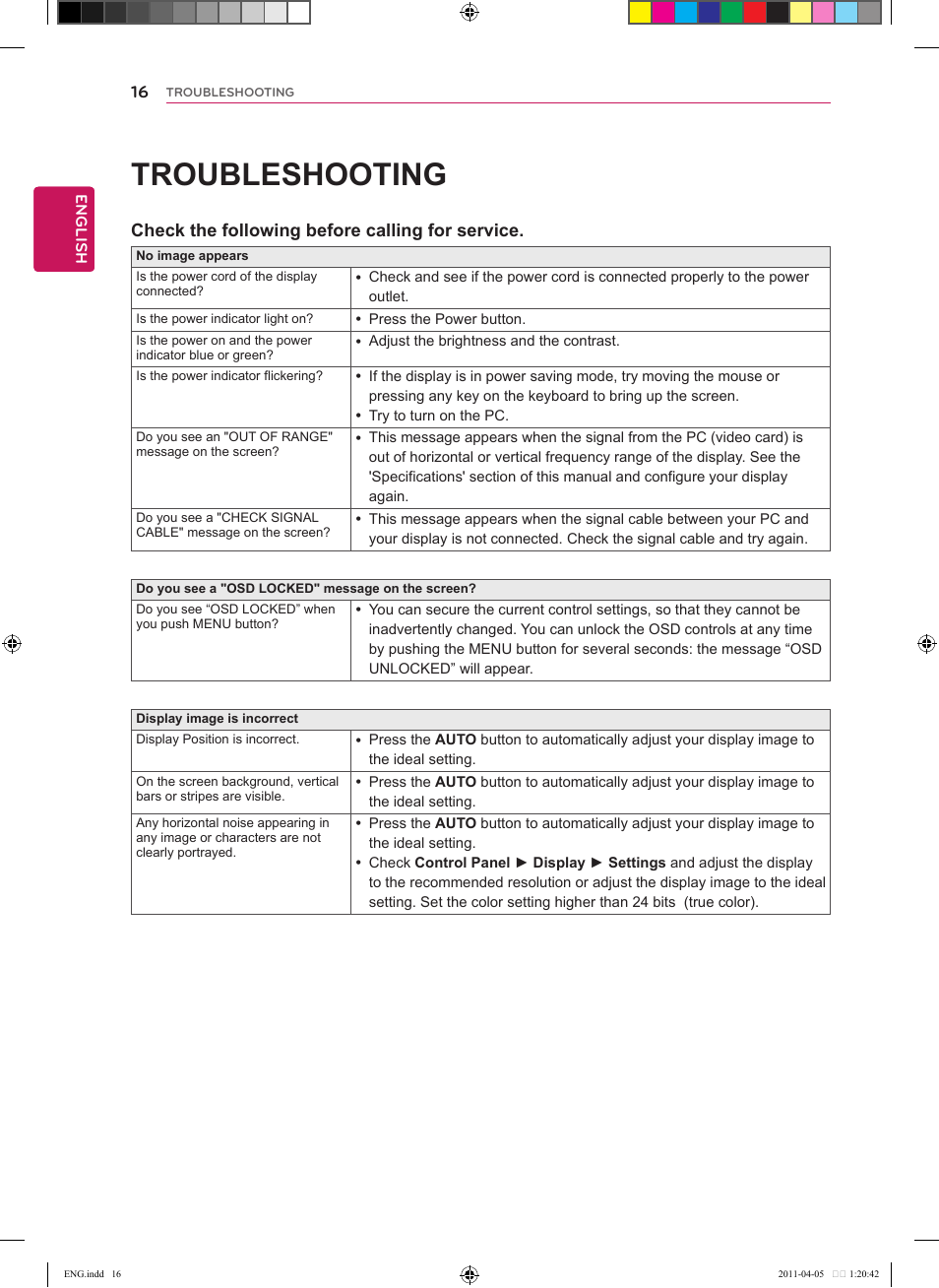 Troubleshooting, Check the following before calling for service | LG CINEMA 3D MONITOR D2342P User Manual | Page 16 / 24