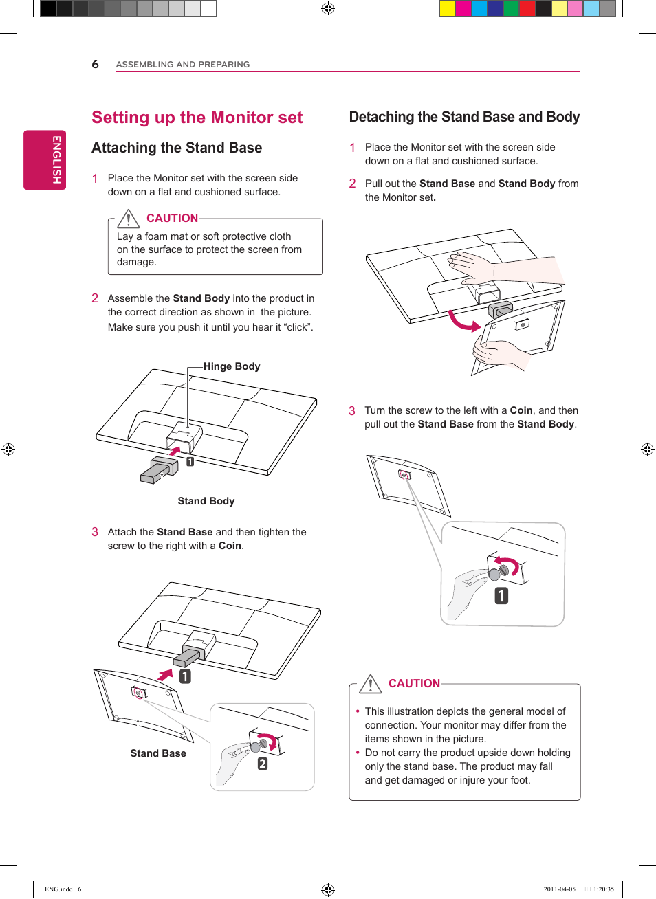 Setting up the monitor set, Attaching the stand base, Detaching the stand base and body | LG CINEMA 3D MONITOR D2342P User Manual | Page 6 / 24