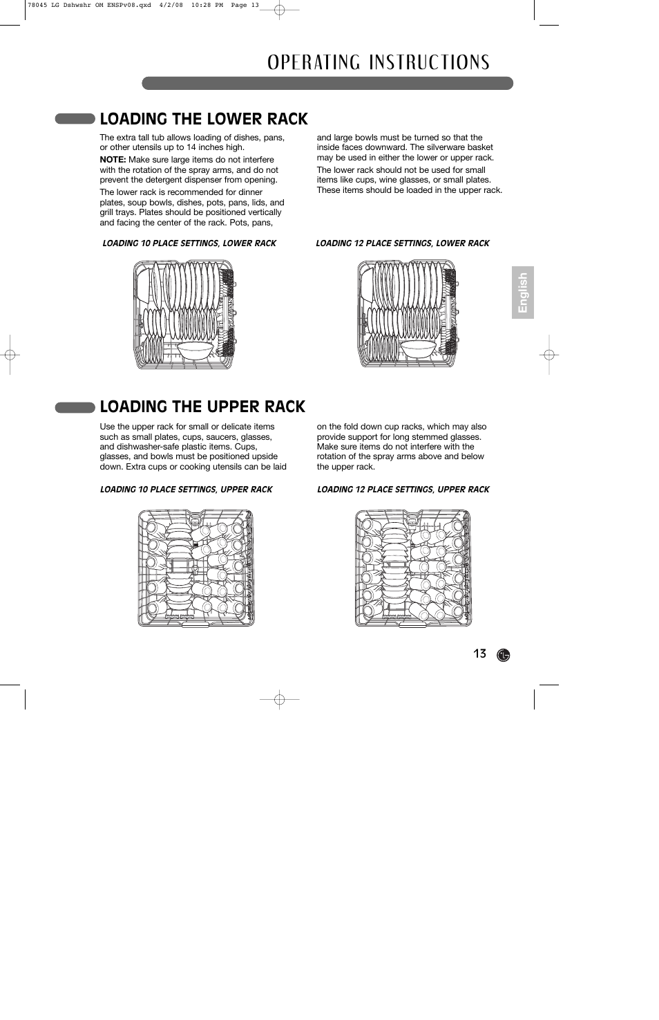 Loading the lower rack, Loading the upper rack | LG LDF6920ST User Manual | Page 13 / 48