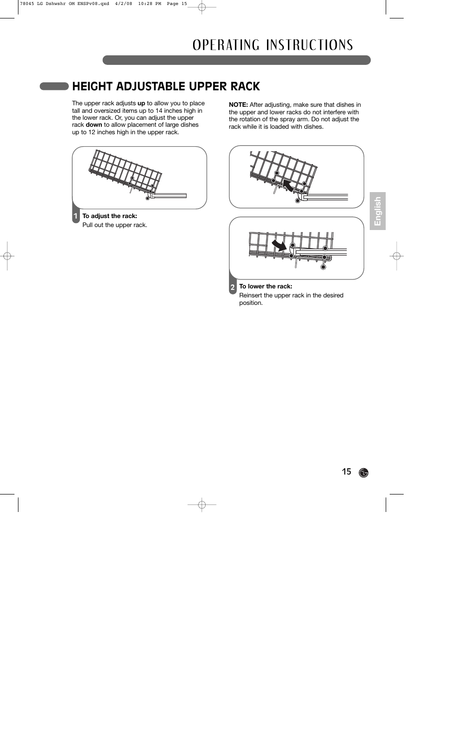 Height adjustable upper rack | LG LDF6920ST User Manual | Page 15 / 48