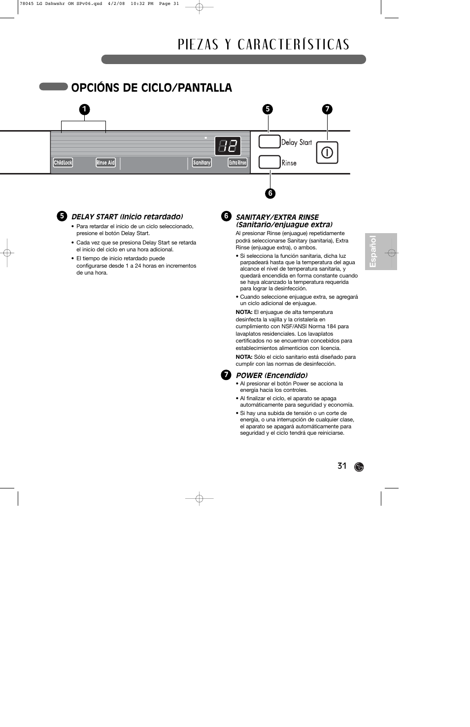 Opcións de ciclo/pantalla | LG LDF6920ST User Manual | Page 31 / 48