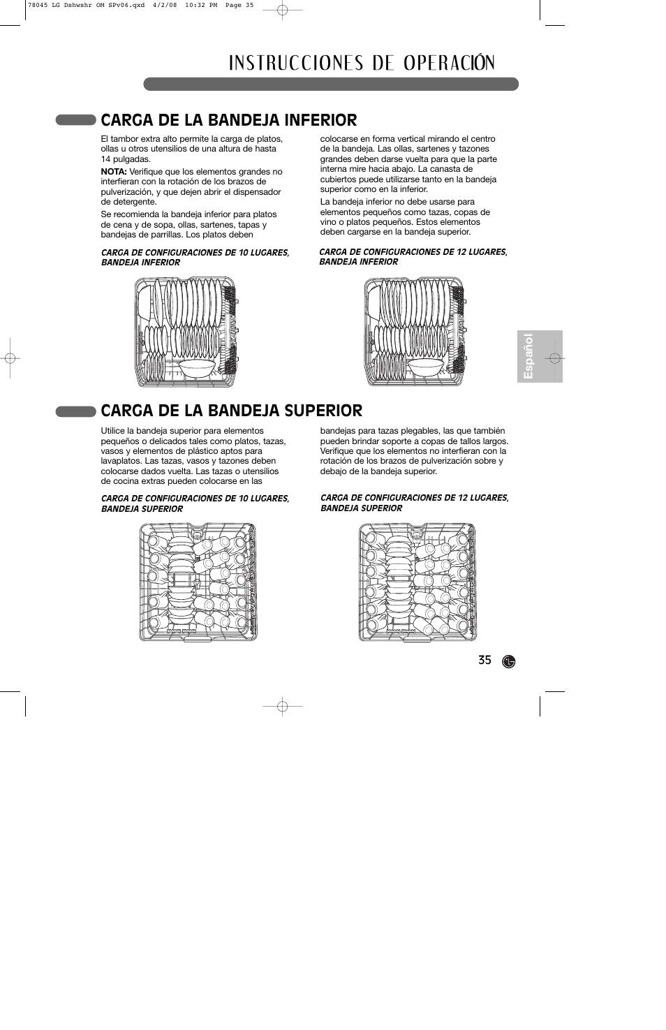 Carga de la bandeja inferior, Carga de la bandeja superior | LG LDF6920ST User Manual | Page 35 / 48
