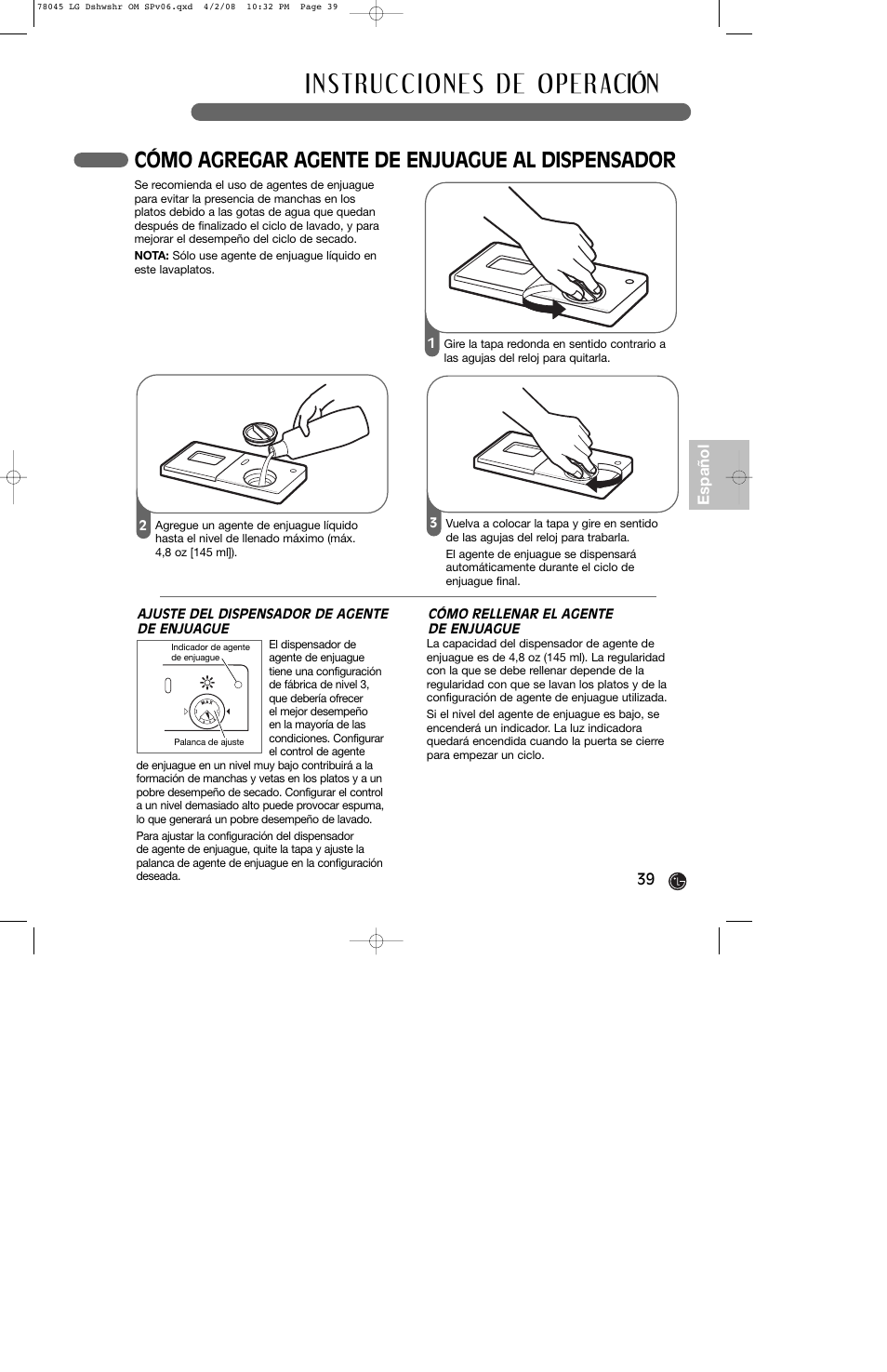 Cómo agregar agente de enjuague al dispensador | LG LDF6920ST User Manual | Page 39 / 48
