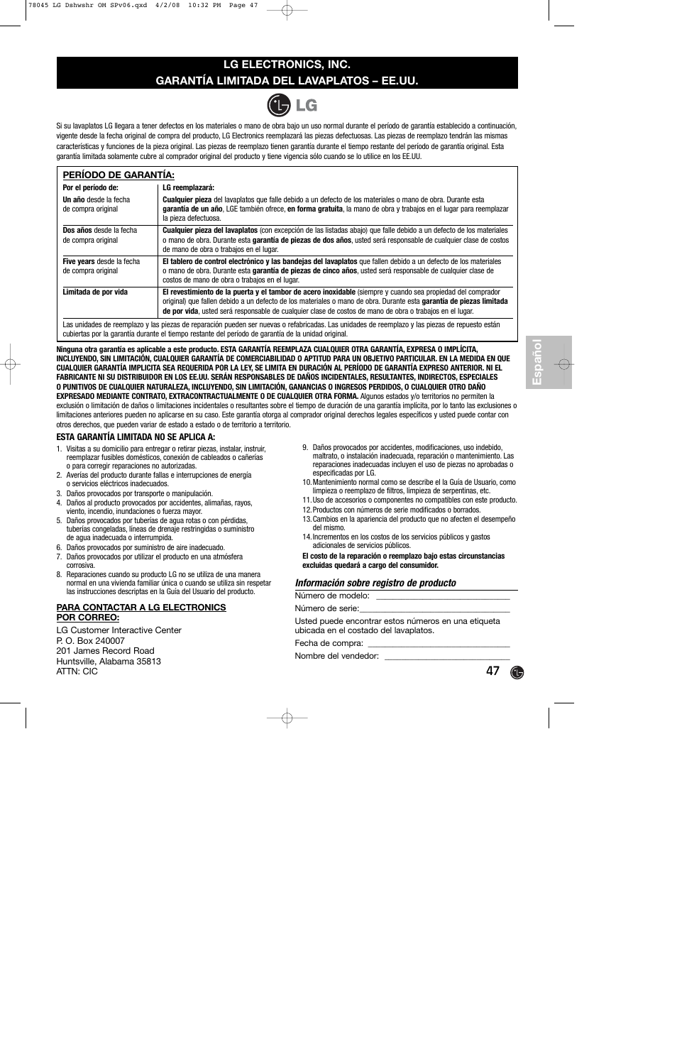 Español | LG LDF6920ST User Manual | Page 47 / 48