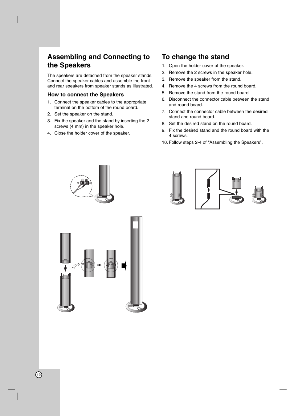 Assembling and connecting to the speakers | LG LH-T755 User Manual | Page 10 / 29