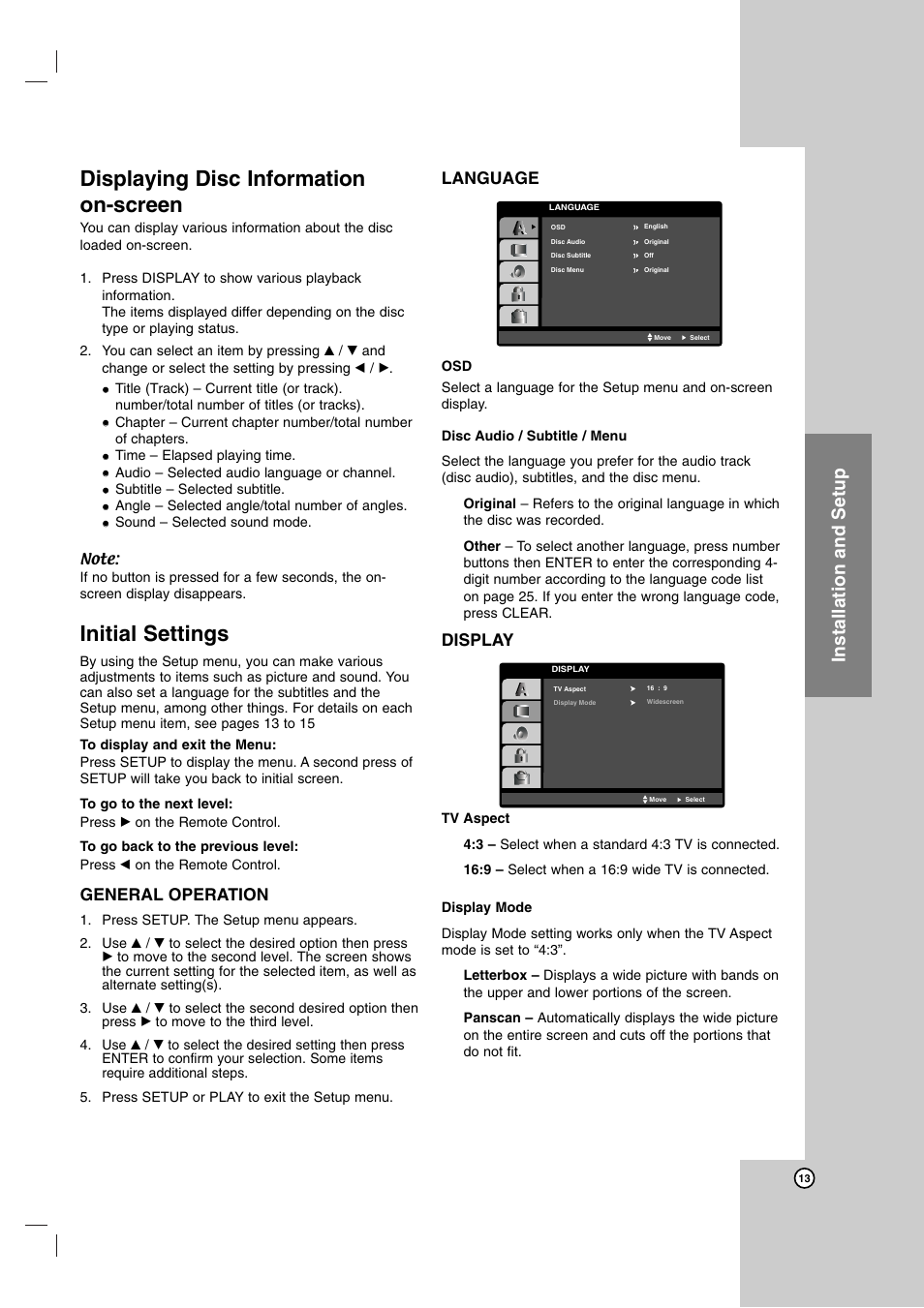 Displaying disc information on-screen, Initial settings, Installation and setup | General operation, Language, Display | LG LH-T755 User Manual | Page 13 / 29
