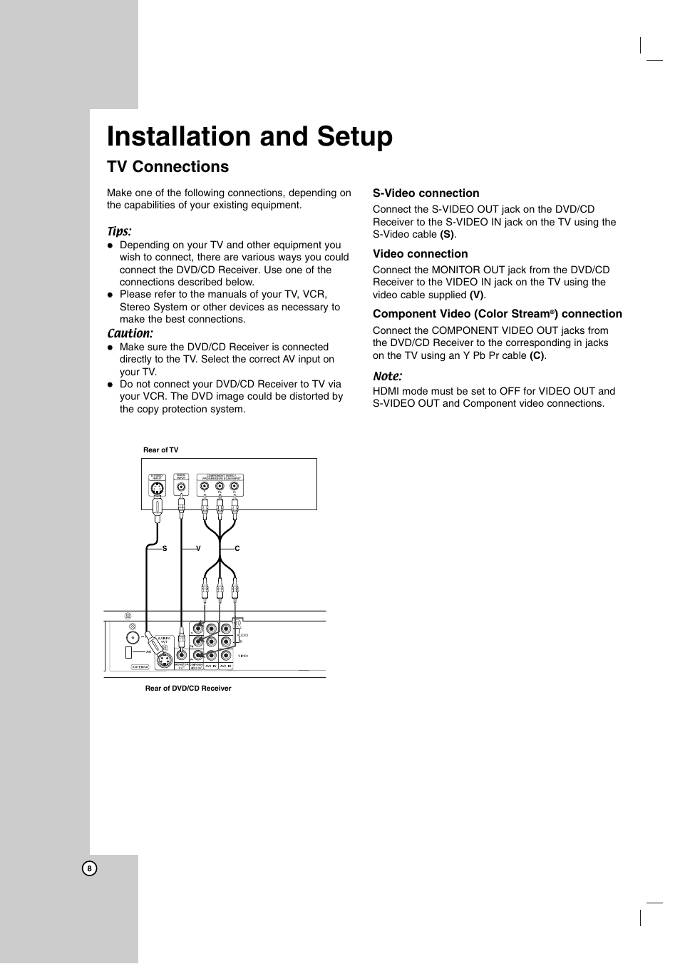 Installation and setup, Tv connections, S-video connection | Video connection, Component video (color stream, Connection | LG LH-T755 User Manual | Page 8 / 29