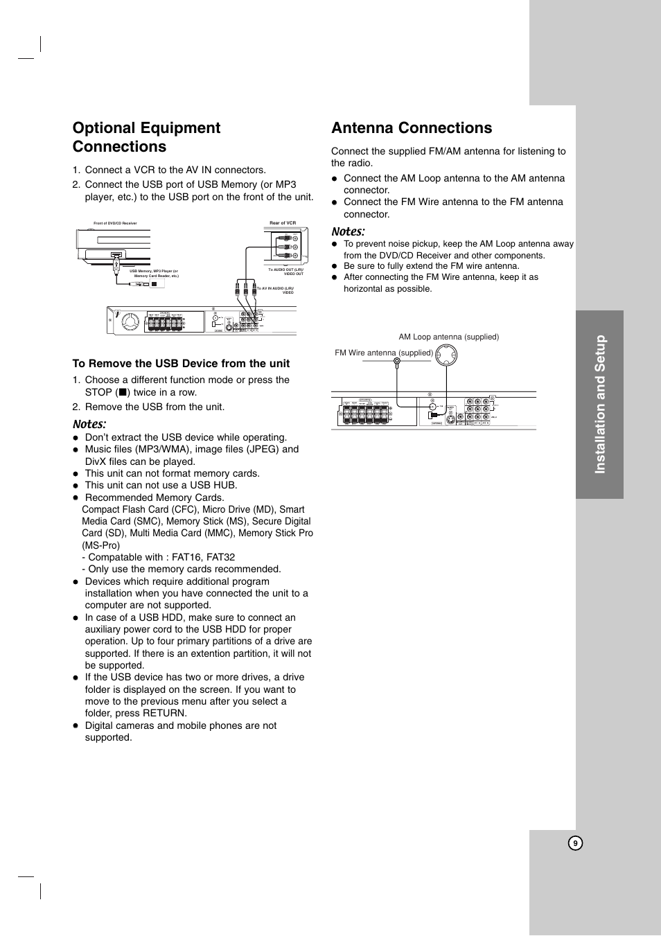 Optional equipment connections, Antenna connections, Installation and setup | Hdmi out | LG LH-T755 User Manual | Page 9 / 29