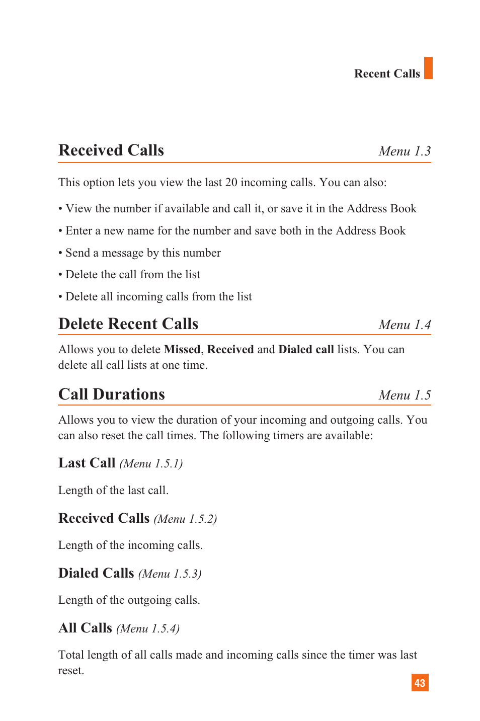 Received calls, Delete recent calls, Call durations | LG C1300 User Manual | Page 46 / 134