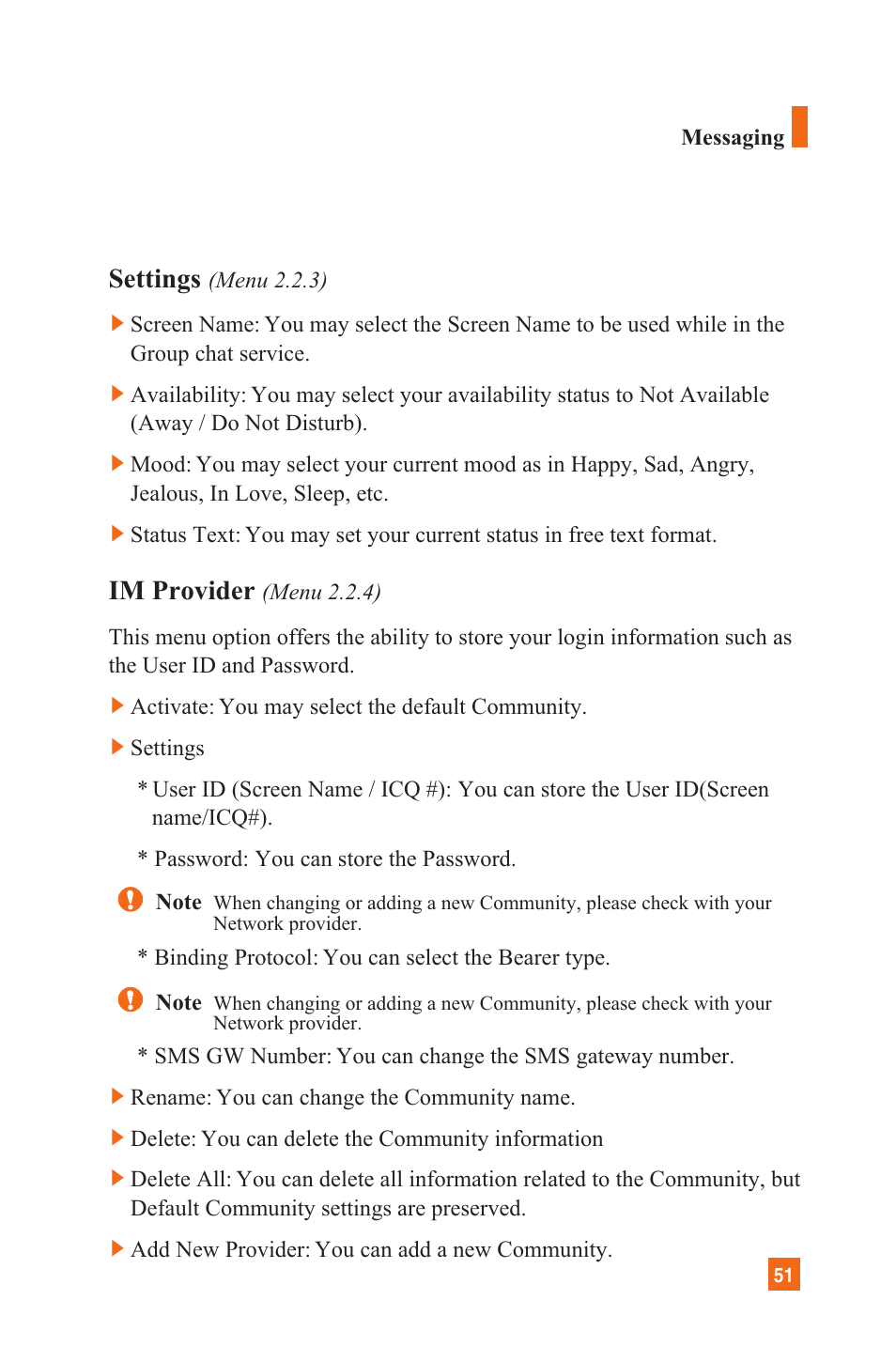 Settings, Im provider | LG C1300 User Manual | Page 54 / 134
