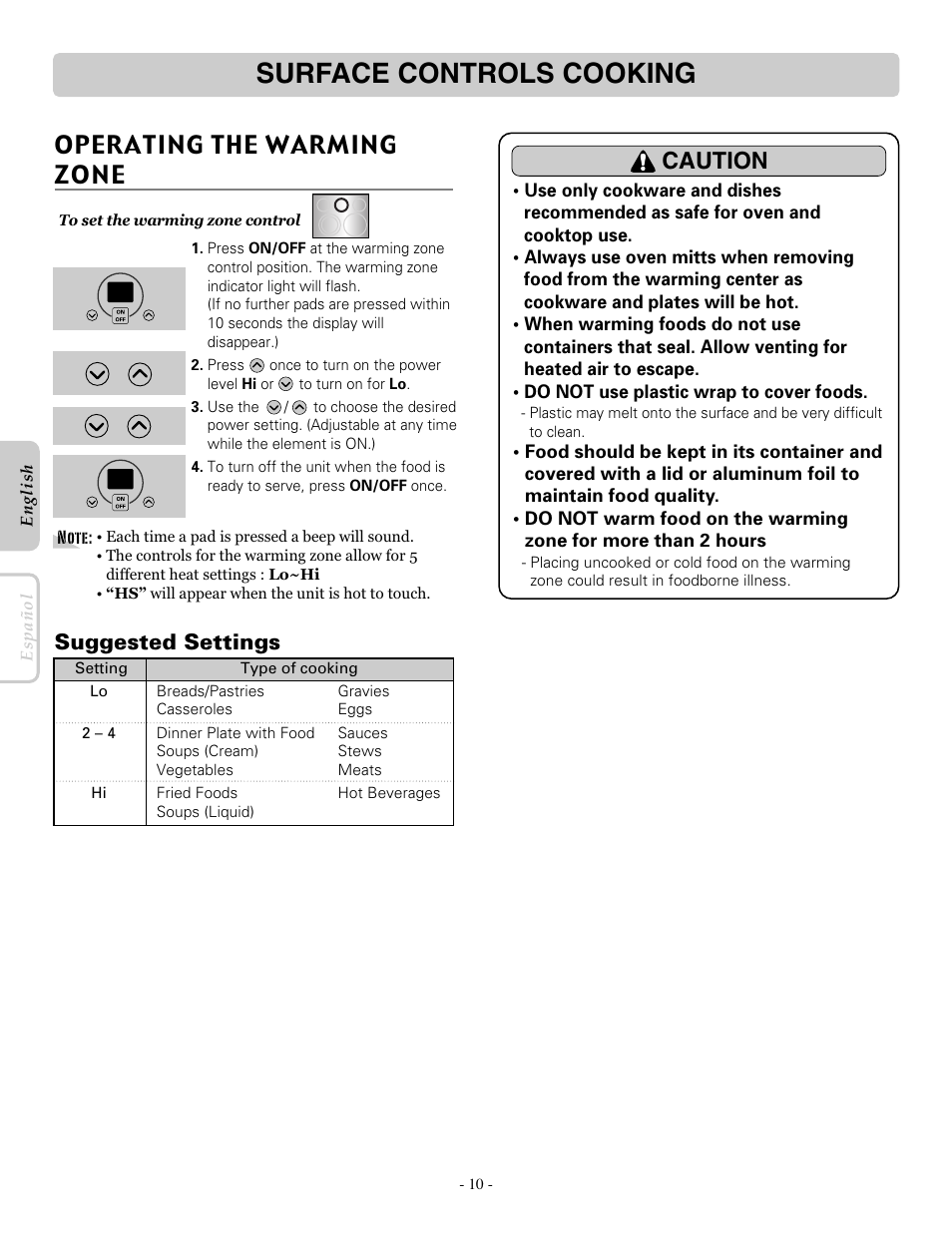 Surface controls cooking, Operating the warming zone, Caution | Suggested settings | LG LRE30453SB User Manual | Page 10 / 36