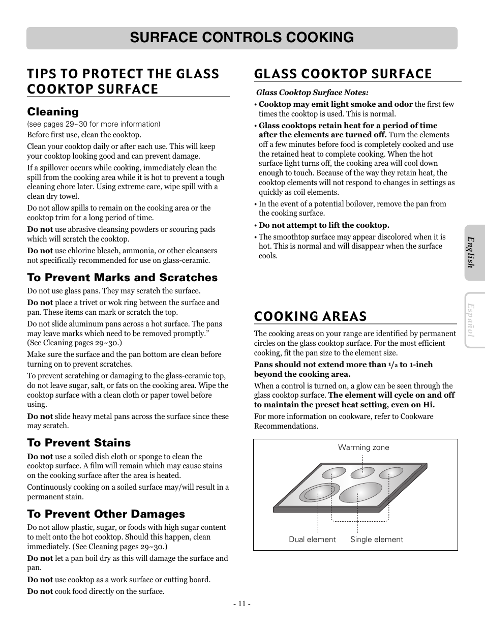 Surface controls cooking, Tips to protect the glass cooktop surface, Cooking areas | Glass cooktop surface, Cleaning | LG LRE30453SB User Manual | Page 11 / 36