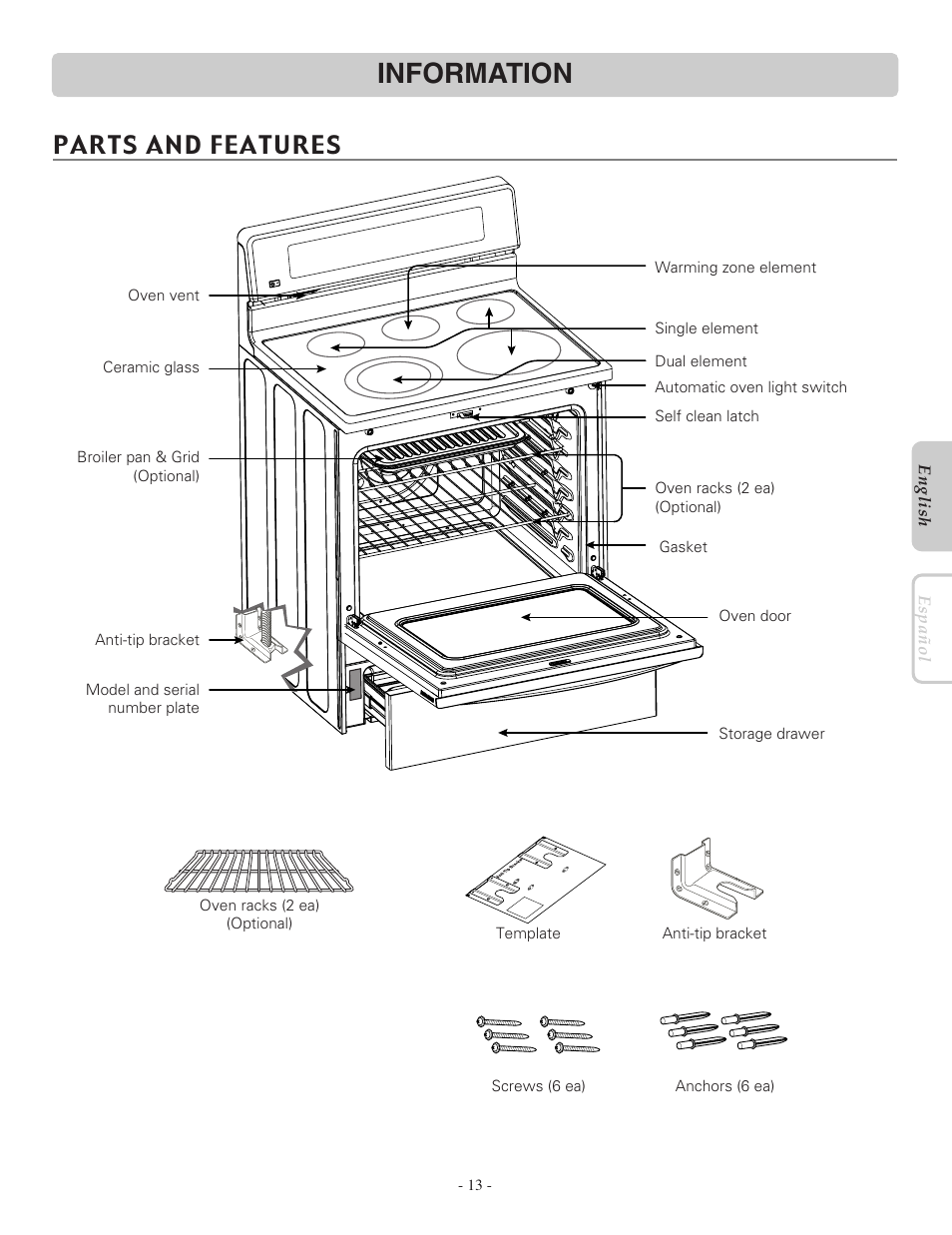Information, Parts and features | LG LRE30453SB User Manual | Page 13 / 36