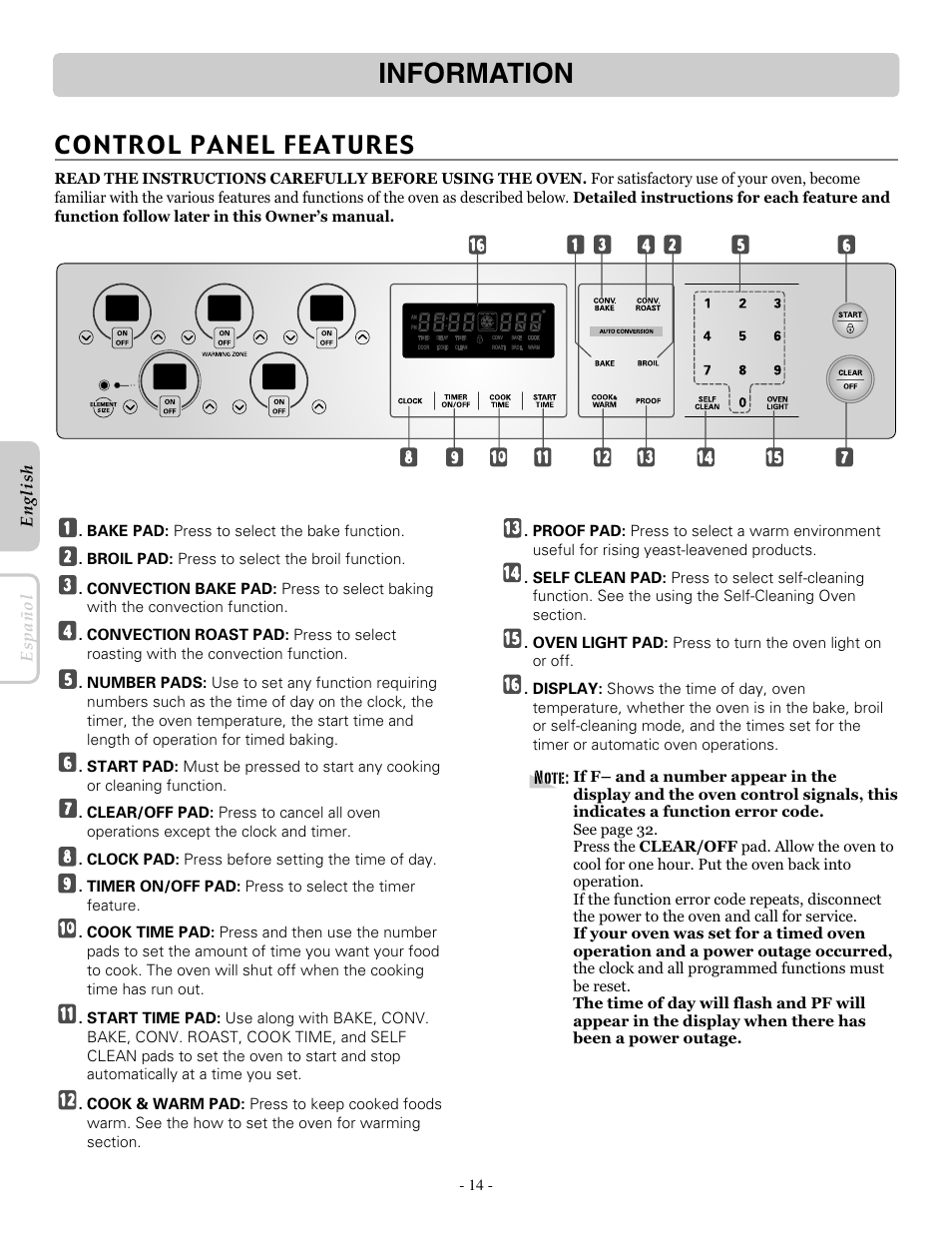 Information, Control panel features | LG LRE30453SB User Manual | Page 14 / 36