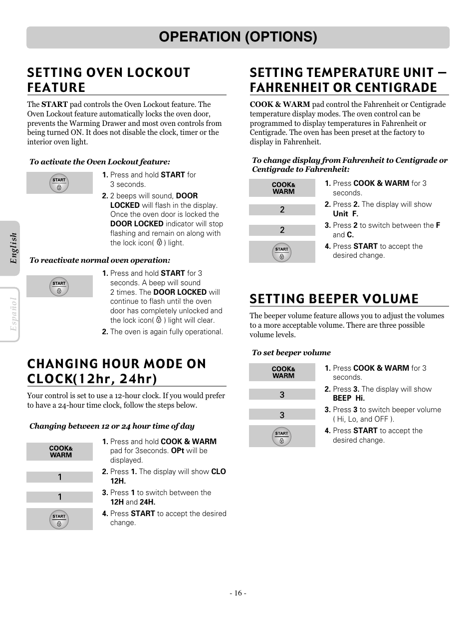 Operation (options), Setting beeper volume | LG LRE30453SB User Manual | Page 16 / 36