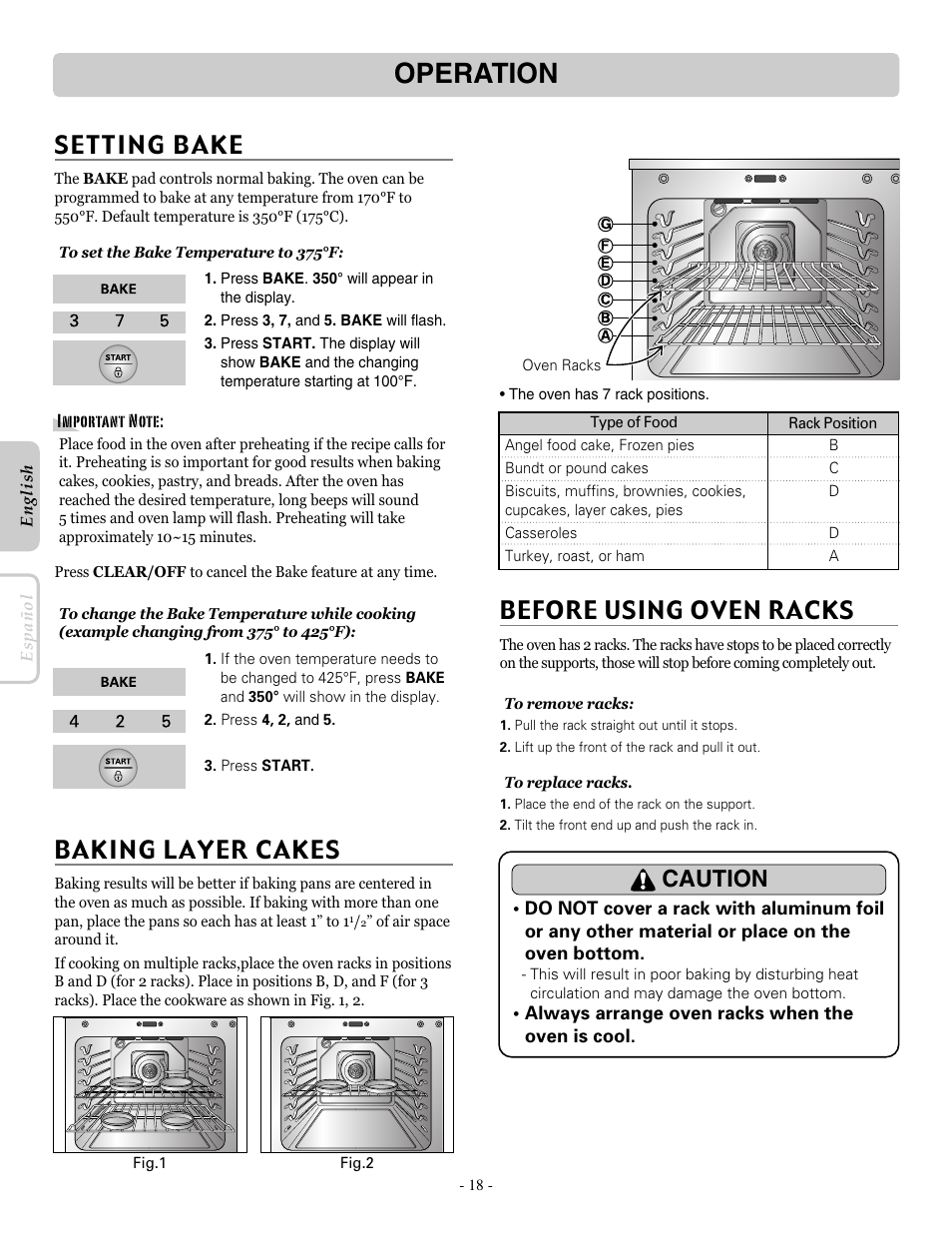 Operation, Baking layer cakes, Before using oven racks | Caution | LG LRE30453SB User Manual | Page 18 / 36