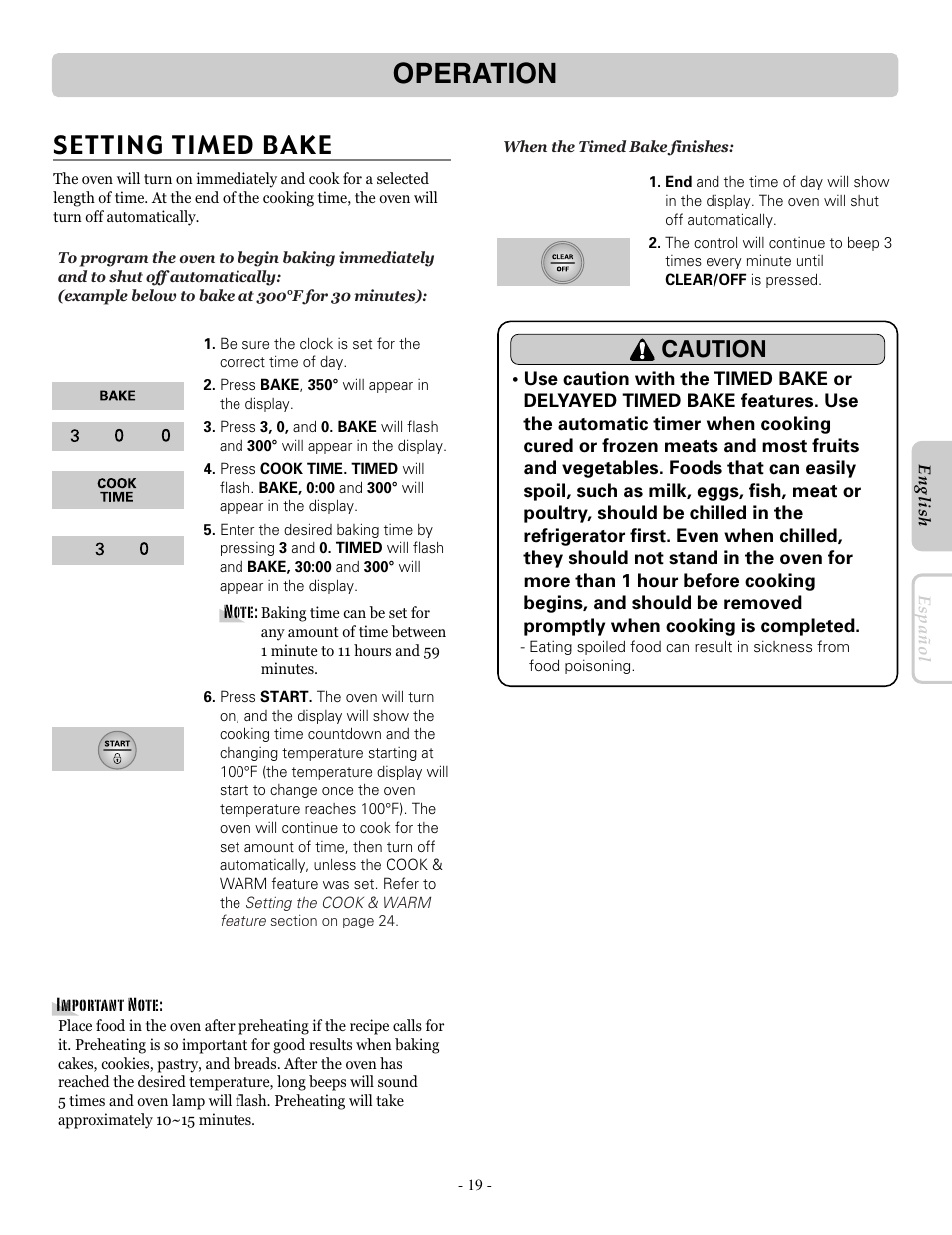 Operation, Setting timed bake, Caution | LG LRE30453SB User Manual | Page 19 / 36