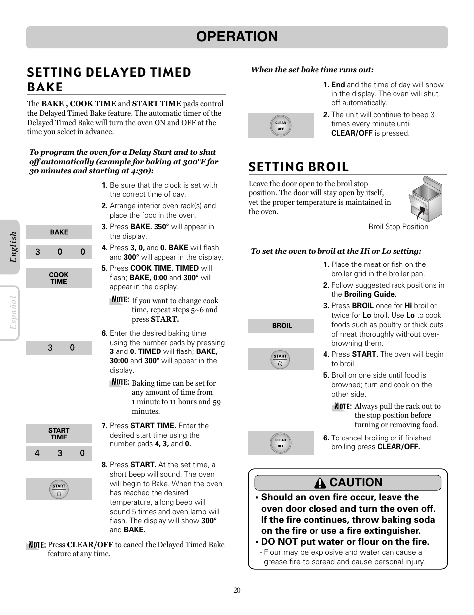 Operation, Setting broil, Caution | LG LRE30453SB User Manual | Page 20 / 36