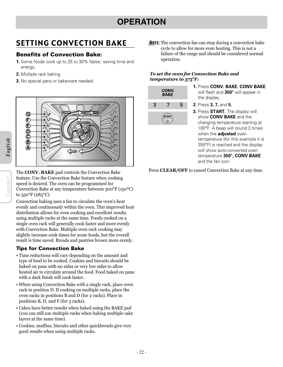 Operation, Setting convection bake | LG LRE30453SB User Manual | Page 22 / 36