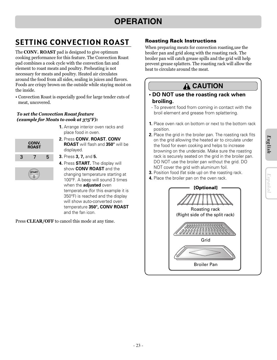Operation, Setting convection roast, Caution | LG LRE30453SB User Manual | Page 23 / 36
