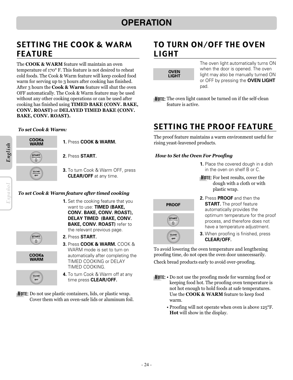 Operation, Setting the proof feature | LG LRE30453SB User Manual | Page 24 / 36