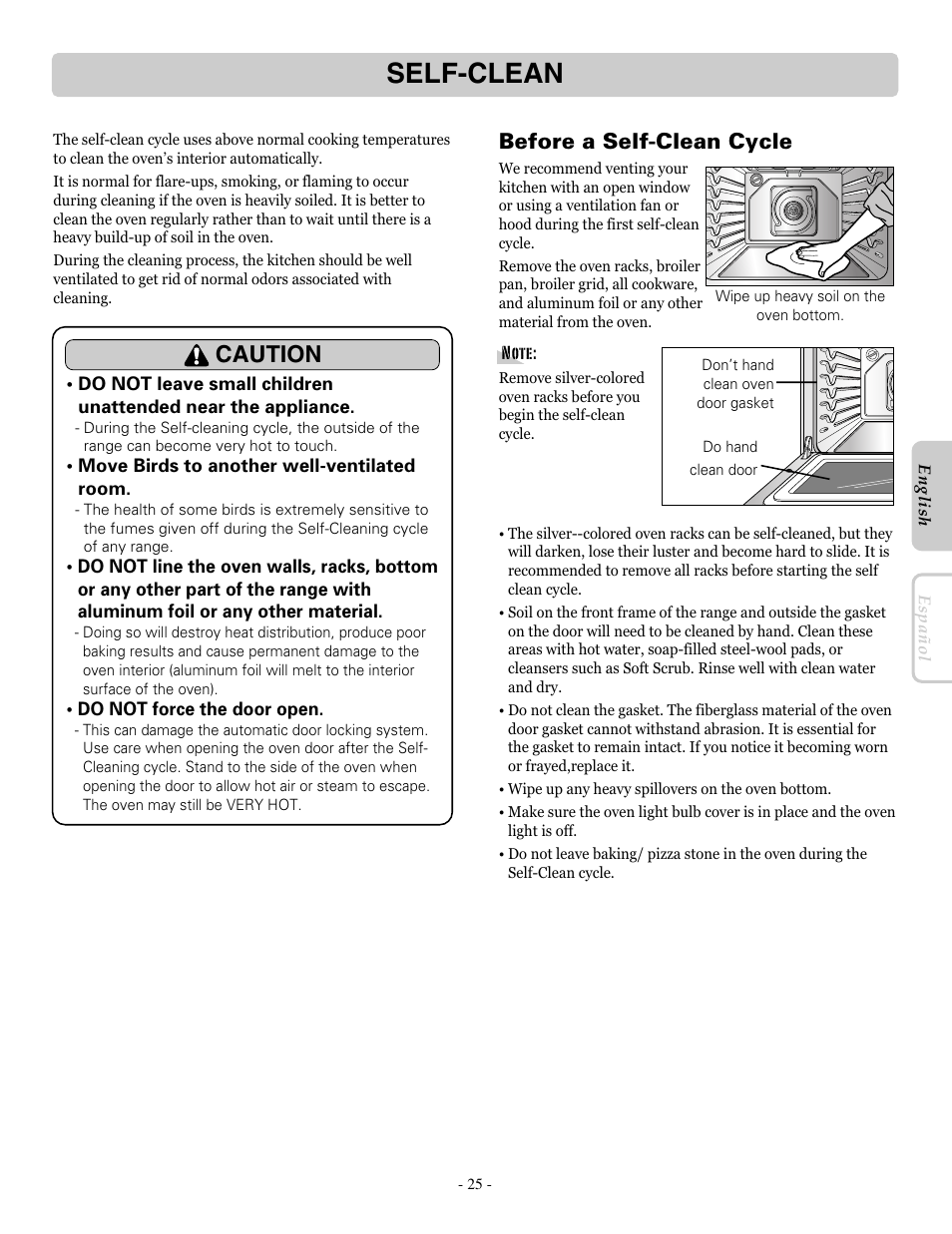Self-clean, Caution, Before a self-clean cycle | LG LRE30453SB User Manual | Page 25 / 36