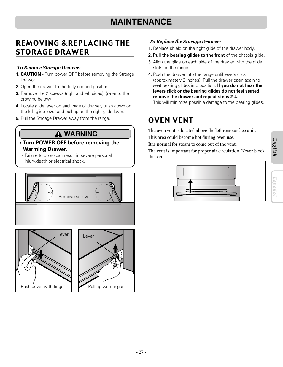 Maintenance, Removing &replacing the storage drawer, Warning | LG LRE30453SB User Manual | Page 27 / 36