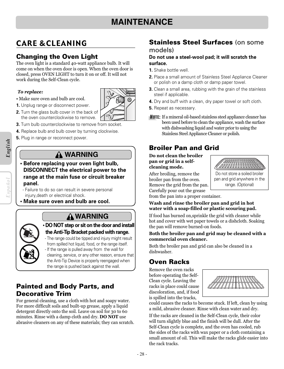 Maintenance, Care &cleaning, Warning | Changing the oven light, Painted and body parts, and decorative trim, Stainless steel surfaces (on some models), Broiler pan and grid, Oven racks | LG LRE30453SB User Manual | Page 28 / 36