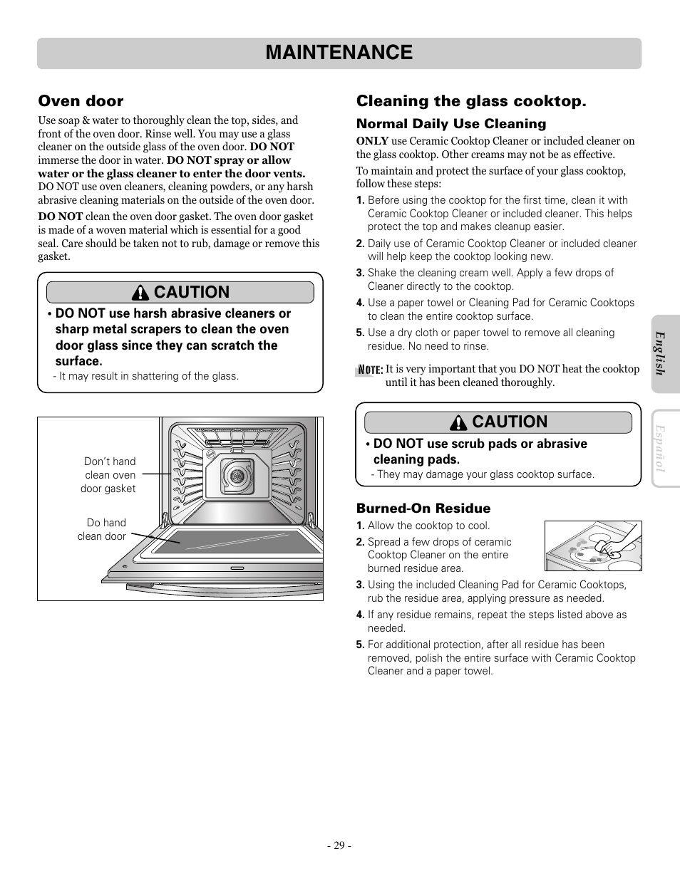 Maintenance, Caution, Oven door | Cleaning the glass cooktop | LG LRE30453SB User Manual | Page 29 / 36