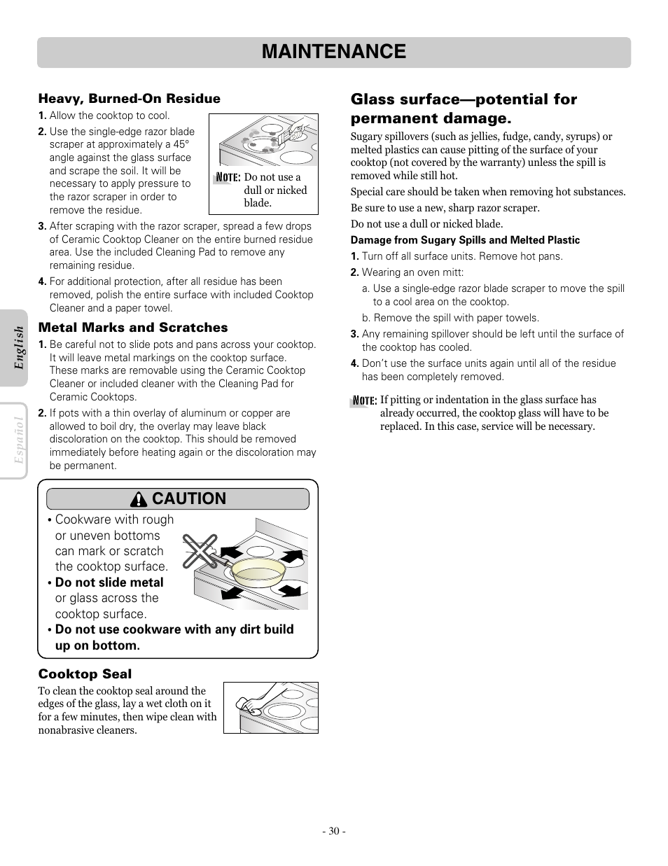 Maintenance, Caution, Glass surface—potential for permanent damage | LG LRE30453SB User Manual | Page 30 / 36