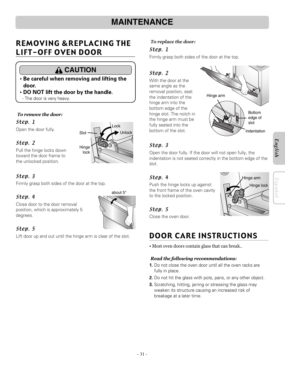 Maintenance, Removing &replacing the lift-off oven door, Door care instructions | Caution | LG LRE30453SB User Manual | Page 31 / 36