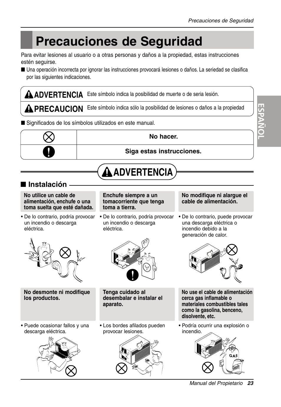 Precauciones de seguridad, Advertencia, Esp añol | Advertencia precaucion, Instalación | LG Air Conditioner LW701 HR User Manual | Page 23 / 44
