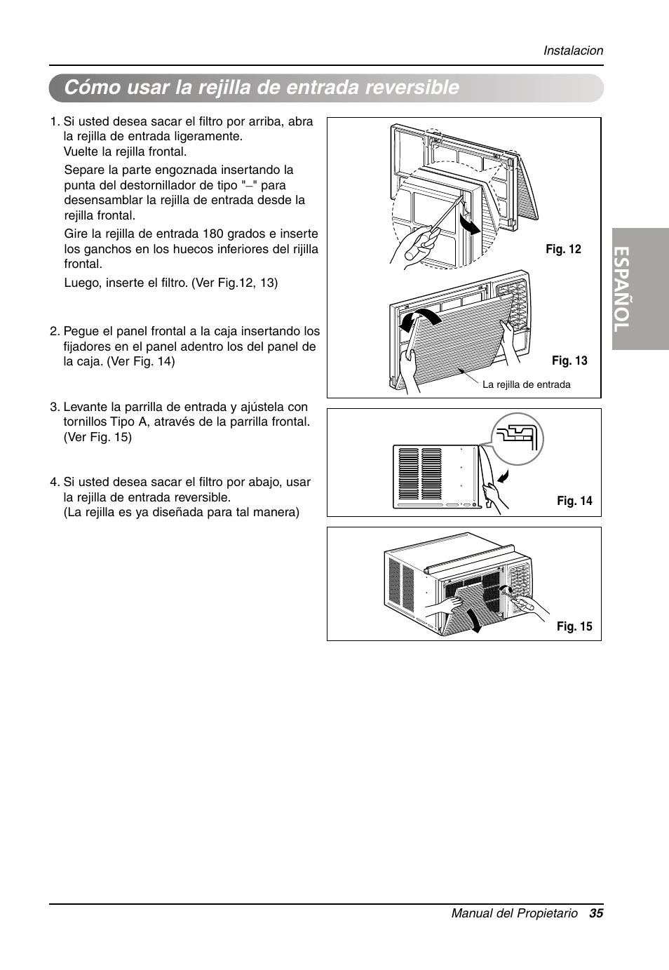 Esp añol, Cómo usar la rejilla de entrada reversible | LG Air Conditioner LW701 HR User Manual | Page 35 / 44
