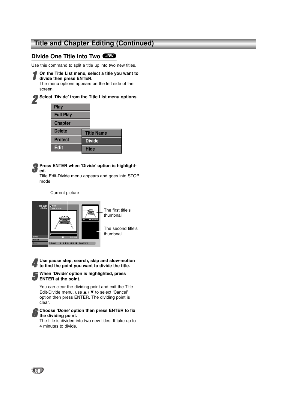 Title and chapter editing (continued) | LG DR4912 User Manual | Page 56 / 64